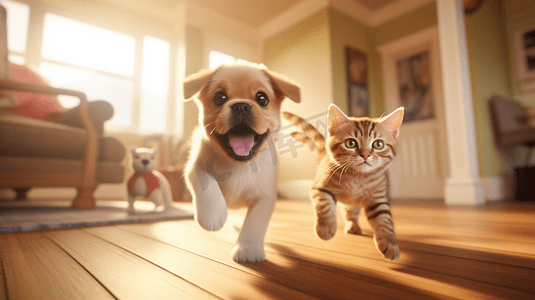摄影照片_一只小狗和一只小猫一起跑