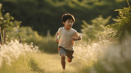 户外奔跑的小男孩背影