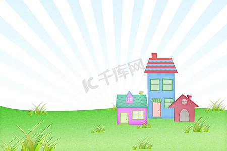 草地房子卡通摄影照片_用回收纸建造的房子与草地