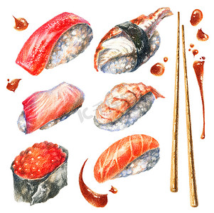 卡通食物鱼摄影照片_彩色铅笔插图寿司