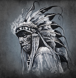 纹身艺术，美洲印第安人头在黑暗背景下的肖像