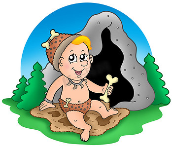 洞穴前的卡通史前婴儿