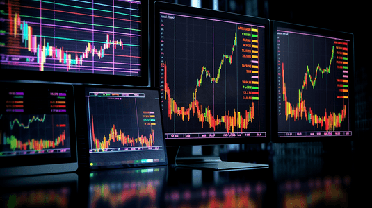 金融科技大数据摄影照片_显示一组不同股票图表的监视器