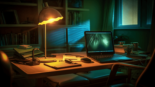 桌上的一台笔记本电脑和一盏灯