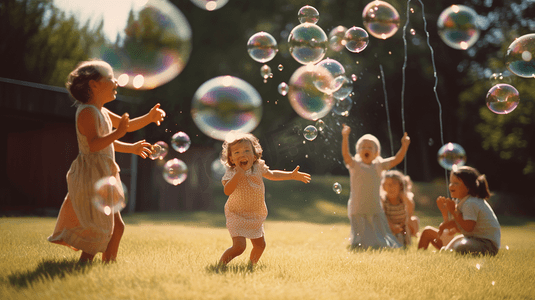 孩子吹泡泡摄影照片_小孩在户外草地上吹泡泡