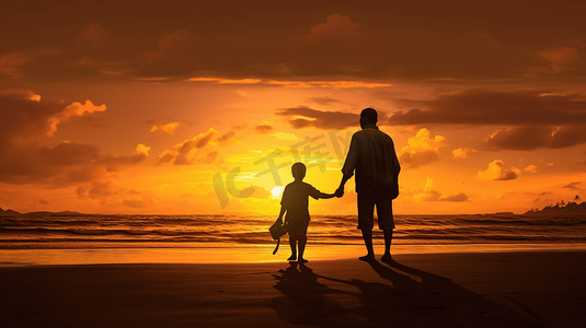 沙滩上的夕阳摄影照片_一对父子在日落前的海滩上