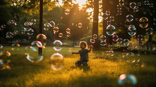 儿童节摄影照片_一个孩子在草坪上玩泡泡机