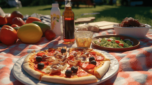 披萨、果汁和寿司放在野餐垫上