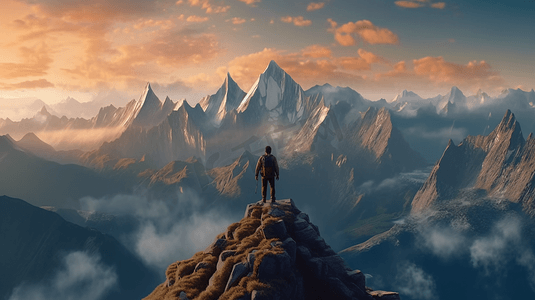一个男人站在群山环绕的山顶上
