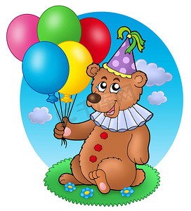 动物卡通气球摄影照片_草地上拿着气球的熊小丑