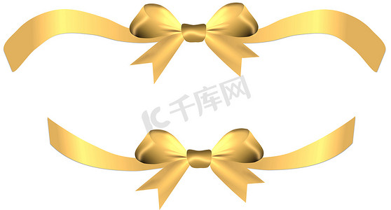 缎带金色蝴蝶结，礼物上有丝带或孤立的心