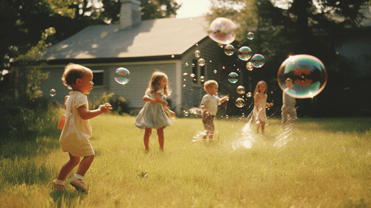 泡泡摄影照片_一些孩子在草坪上玩泡泡机