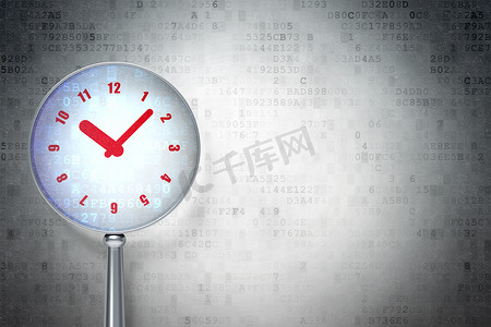 红色科技科技线条摄影照片_时间概念光学玻璃时钟在数码背景上