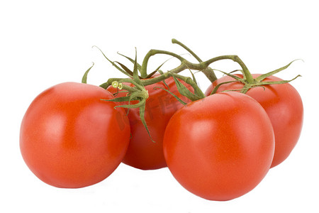 红色圆环摄影照片_四个西红柿在白色背景上的隔离图