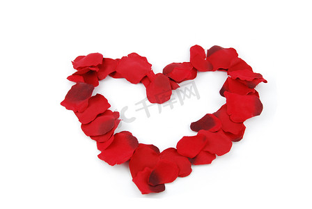 恋人花朵摄影照片_情人节红玫瑰花瓣制成的红心