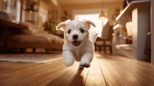 摄影照片_一只白色的小狗在客厅里跑