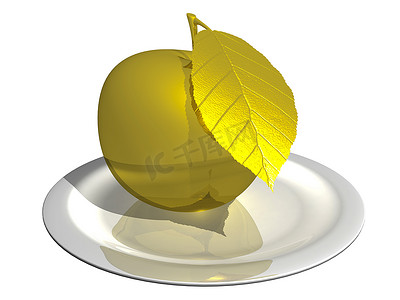 孤立在白色背景上的白色盘子上的金苹果