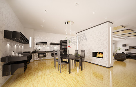 现代厨房内部 3d 渲染