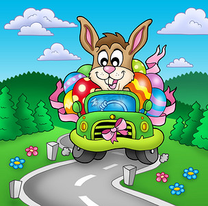 复活节兔子在路上开车