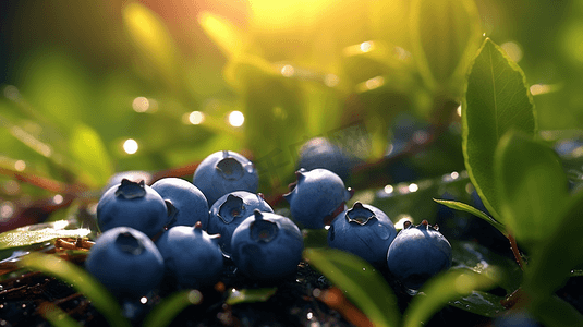 蓝莓与紫甘蓝摄影照片_种植蓝莓，强烈的阳光