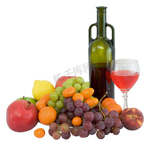 水果画摄影照片_明亮的酒和水果静物画