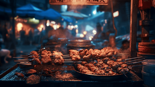 夜市led灯摄影照片_夏天烧烤美食夜市美味多汁的烤肉