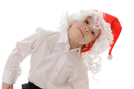 圣诞老人帽子摄影照片_圣诞老人帽子的孩子
