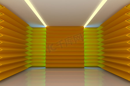 曲线黄色曲线摄影照片_抽象的黄色墙壁在空荡荡的房间里
