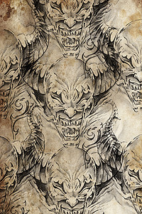 古董纸上带有恶魔图案的纹身图案