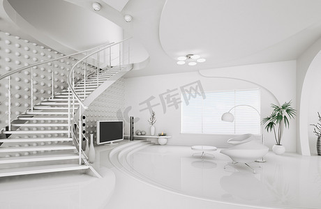 客厅 3d 渲染的现代室内设计
