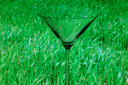 绿色背景中概念性照明的马提尼酒杯