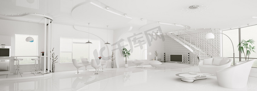 现代白色公寓内部全景 3d 渲染