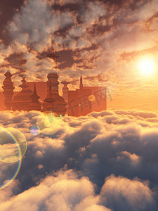 有云彩和太阳的科幻城市鸟瞰图