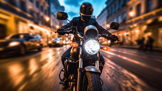 摩托车摄影照片_摩托车骑手在市中心骑摩托车