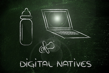 pa摄影照片_数字原住民：有趣的设计，包括笔记本电脑、奶瓶和 pa