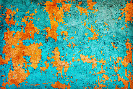 破旧质感背景摄影照片_简体中文标题褪色蓝橙抽象墙纹质感
