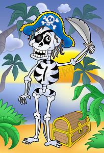 宝箱卡通摄影照片_带军刀和宝箱的海盗骨架