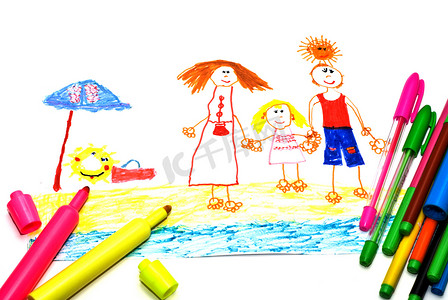 夏天儿童画摄影照片_快乐家庭度假的儿童画