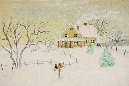带有邮箱的房子的冬季绘画，数字修改