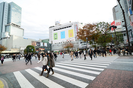 日本东京 — 2013 年 11 月 28 日：穿过涩谷市中心的人群