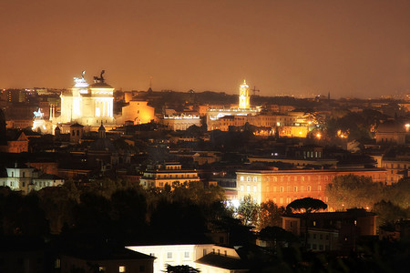 灯光下的城市夜景摄影照片_意大利吉安尼克罗山夜景下的罗马