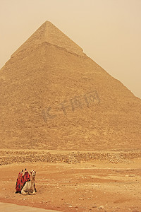 胡夫金字塔摄影照片_骆驼在开罗卡夫拉金字塔附近休息