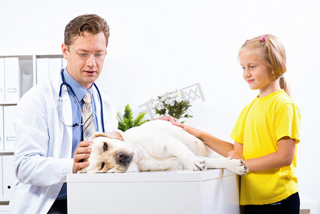 女孩在兽医诊所抱着一只狗