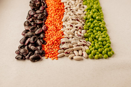 在水平线上布置的各种干豆类的集合：红扁豆、绿豌豆、红豆、白豆特写在白色背景上。
