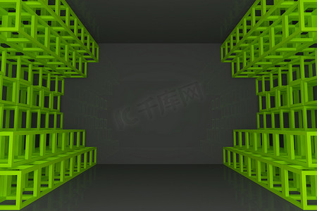 抽象方形几何摄影照片_抽象绿色方形桁架墙