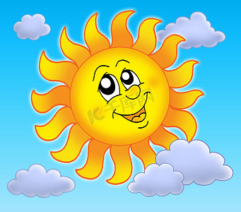 太阳橙色摄影照片_在蓝天的微笑的太阳