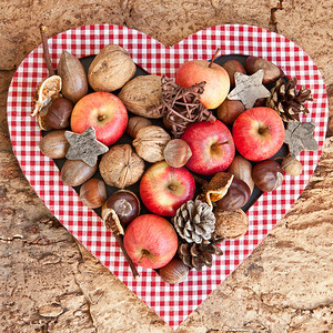 冬天水果摄影照片_背景与坚果和苹果