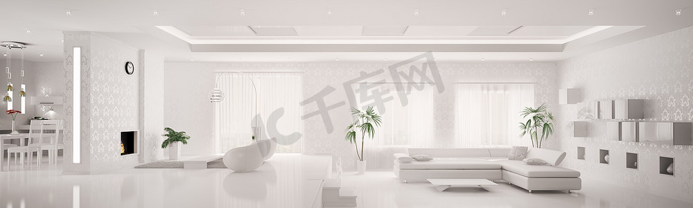 现代公寓全景 3d 渲染的白色内部