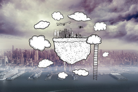 云计算与城市景观和梯子涂鸦的复合图像