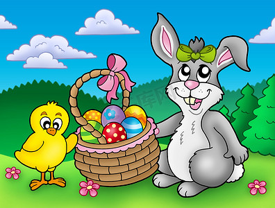 可爱的复活节兔子和小鸡